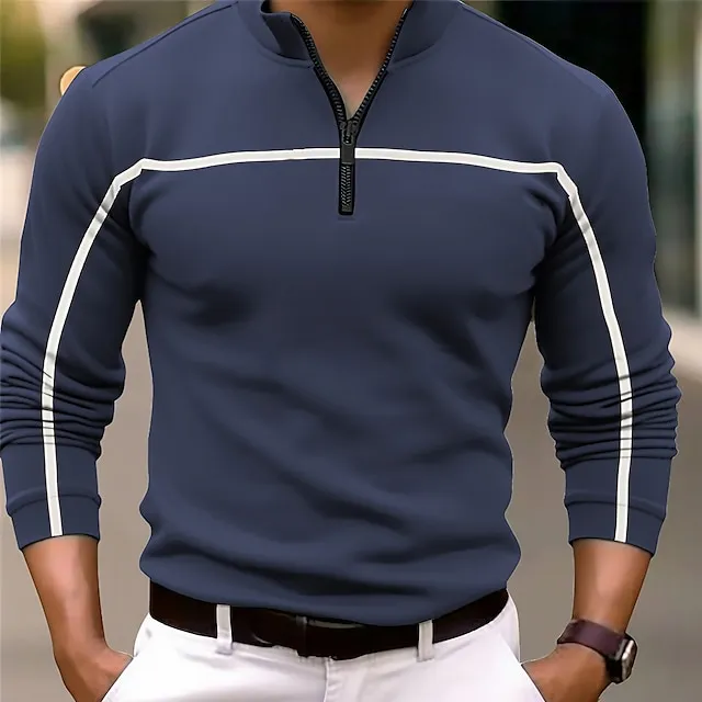 Men's Polo Shirt Quarter Zip Polo Daily Wear Vacation Quarter Zip Long Sleeve Vintage Comfortable Color Block Zip Up Spring & Fall Regular Fit Black Orange Brown Dark Blue Polo Shirt