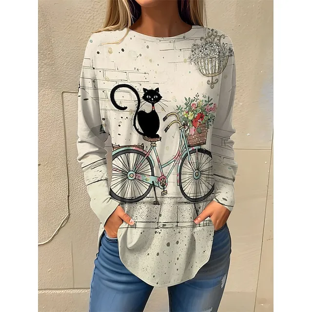 Women's T shirt Tee Cat Daily Weekend White Print Lace Long Sleeve Fashion Square Neck Regular Fit Spring & Fall