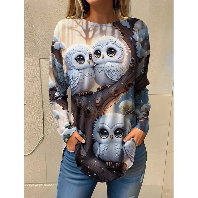 Women's T shirt Tee Animal Daily Weekend White Navy Blue Blue Print Long Sleeve Fashion Round Neck Regular Fit Spring & Fall