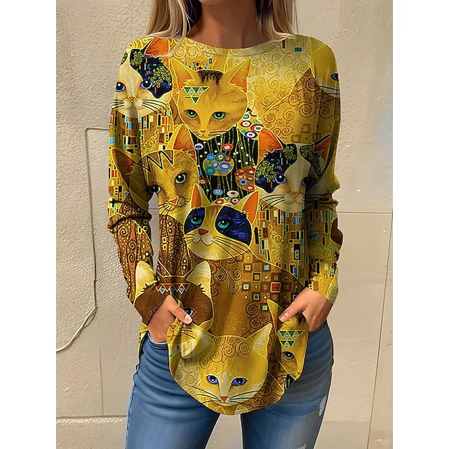 Women’s T shirt Tee Animal Daily Weekend White Navy Blue Blue Print Long Sleeve Fashion Round Neck Regular Fit Spring & Fall 7635ff57e0736ab7b7eea3f5dd83bbc4