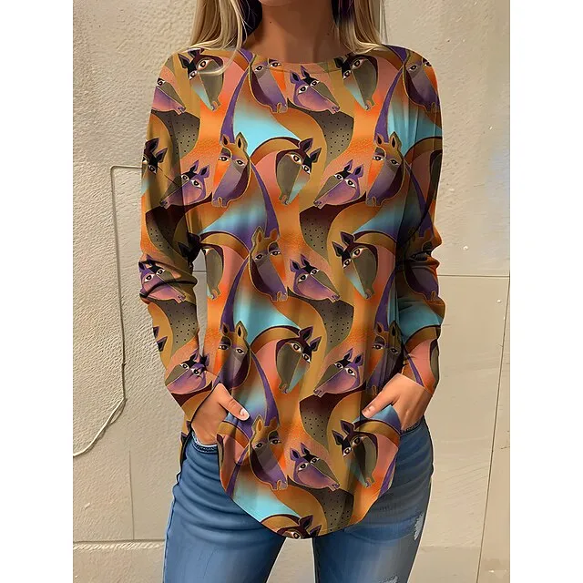 Women’s T shirt Tee Animal Daily Weekend White Navy Blue Blue Print Long Sleeve Fashion Round Neck Regular Fit Spring & Fall a07cb1137b79eeb871778a127fff7ede