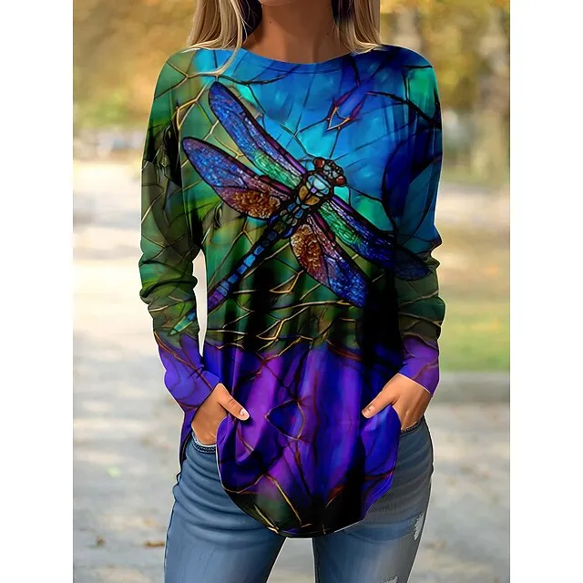 Women’s T shirt Tee Animal Daily Weekend White Navy Blue Blue Print Long Sleeve Fashion Round Neck Regular Fit Spring & Fall a2aa6c474b754e90519970e2c607f076