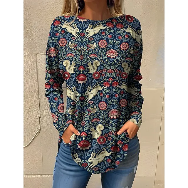 Women’s T shirt Tee Animal Daily Weekend White Navy Blue Blue Print Long Sleeve Fashion Round Neck Regular Fit Spring & Fall b8d3407ff12c5c3da89b0405fc07a404