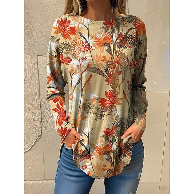 Women’s T shirt Tee Animal Daily Weekend White Navy Blue Blue Print Long Sleeve Fashion Round Neck Regular Fit Spring & Fall c16c4f7e3539514b6723ab38b87589ed