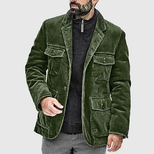 Men's Corduroy Jacket Shacket Outdoor Daily Wear Warm Fall Winter Plain Fashion Streetwear Lapel Regular Black Army Green Dark Gray Jacket