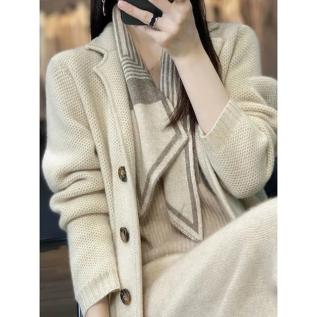 Women’s Cardigan Sweater Jacket Shirt Collar Waffle Knit Acrylic Button Knitted Fall Winter Regular Outdoor Daily Going out Fashion Streetwear Casual Long Sleeve Solid Color off white Black S M L 19a335dd5cebf113bf641d31006d51d2