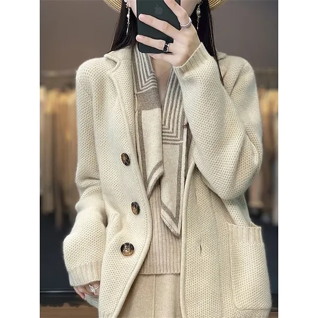 Women’s Cardigan Sweater Jacket Shirt Collar Waffle Knit Acrylic Button Knitted Fall Winter Regular Outdoor Daily Going out Fashion Streetwear Casual Long Sleeve Solid Color off white Black S M L 3b00689bdca1e1ef7127dbe27a8f69a5