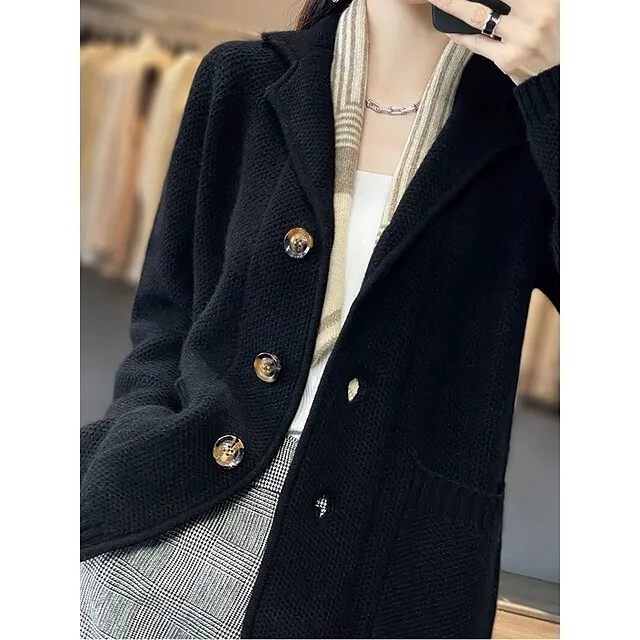 Women’s Cardigan Sweater Jacket Shirt Collar Waffle Knit Acrylic Button Knitted Fall Winter Regular Outdoor Daily Going out Fashion Streetwear Casual Long Sleeve Solid Color off white Black S M L 72cdf6e0a9bcf20e38e9c97377daefe8
