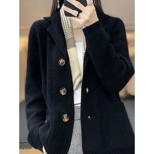 Women’s Cardigan Sweater Jacket Shirt Collar Waffle Knit Acrylic Button Knitted Fall Winter Regular Outdoor Daily Going out Fashion Streetwear Casual Long Sleeve Solid Color off white Black S M L cda0f9765c041ada510430fac5c9450c