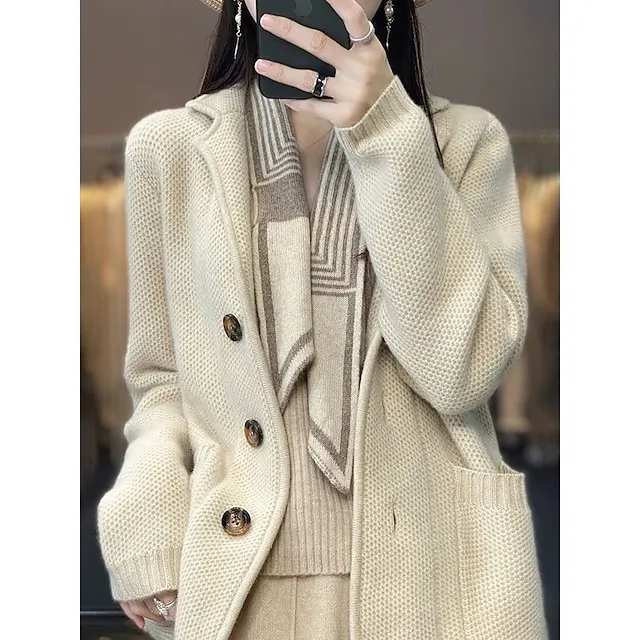 Women's Cardigan Sweater Jacket Shirt Collar Waffle Knit Acrylic Button Knitted Fall Winter Regular Outdoor Daily Going out Fashion Streetwear Casual Long Sleeve Solid Color off white Black S M L