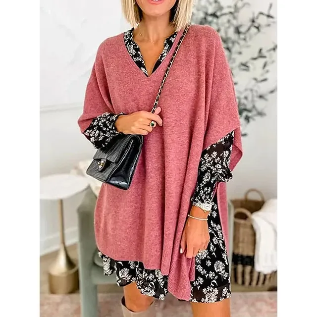 Women’s Pullover Sweater Jumper V Neck Ribbed Knit Split Oversized Fall Winter Regular Outdoor Daily Date Fashion Streetwear Daily Half Sleeve Solid Color Lake blue Flower coffee Mud yellow S M L 390ffeed59bc40c33829c10644470ff1