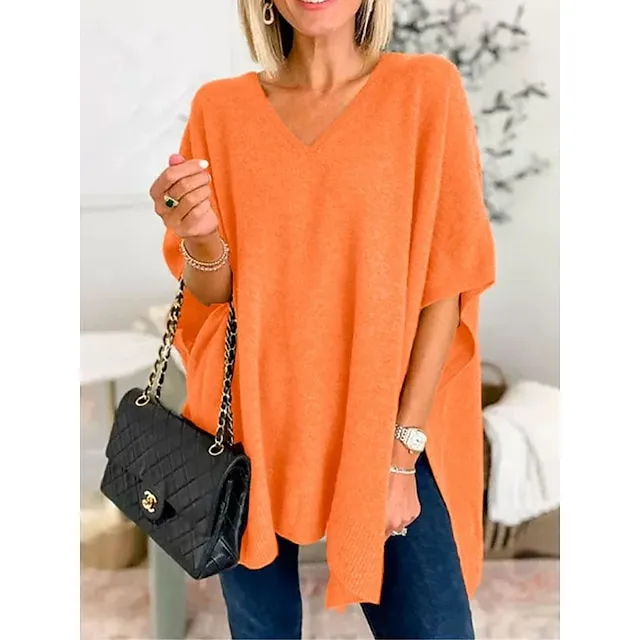 Women’s Pullover Sweater Jumper V Neck Ribbed Knit Split Oversized Fall Winter Regular Outdoor Daily Date Fashion Streetwear Daily Half Sleeve Solid Color Lake blue Flower coffee Mud yellow S M L 6ba30131274d2b5dc3c6e2c721988a66