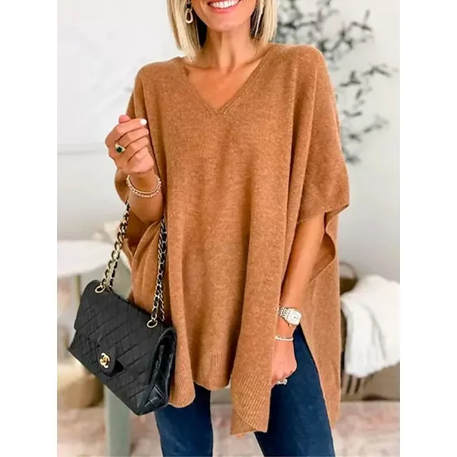 Women's Pullover Sweater Jumper V Neck Ribbed Knit Split Oversized Fall Winter Regular Outdoor Daily Date Fashion Streetwear Daily Half Sleeve Solid Color Lake blue Flower coffee Mud yellow S M L