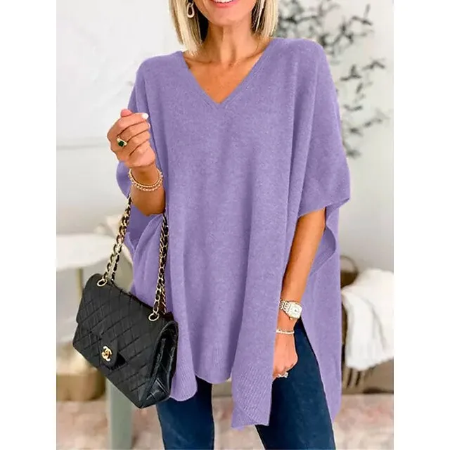 Women’s Pullover Sweater Jumper V Neck Ribbed Knit Split Oversized Fall Winter Regular Outdoor Daily Date Fashion Streetwear Daily Half Sleeve Solid Color Lake blue Flower coffee Mud yellow S M L 89d75efb36e3b758811dbf5cd3714874