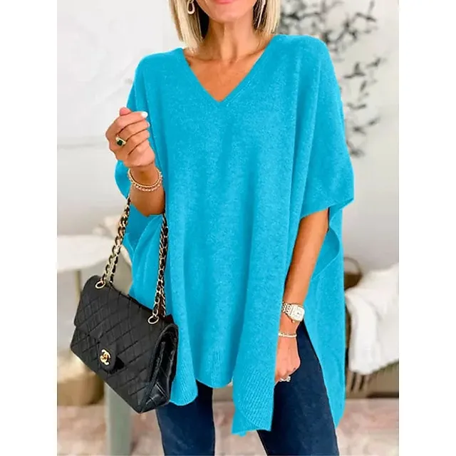 Women’s Pullover Sweater Jumper V Neck Ribbed Knit Split Oversized Fall Winter Regular Outdoor Daily Date Fashion Streetwear Daily Half Sleeve Solid Color Lake blue Flower coffee Mud yellow S M L ad52291965fb27f1336b72e4a3912ac6