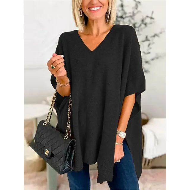 Women’s Pullover Sweater Jumper V Neck Ribbed Knit Split Oversized Fall Winter Regular Outdoor Daily Date Fashion Streetwear Daily Half Sleeve Solid Color Lake blue Flower coffee Mud yellow S M L afe6f109a0e58396c2bf18e946c46e72