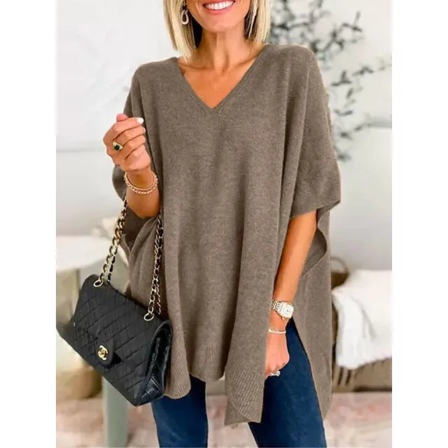 Women’s Pullover Sweater Jumper V Neck Ribbed Knit Split Oversized Fall Winter Regular Outdoor Daily Date Fashion Streetwear Daily Half Sleeve Solid Color Lake blue Flower coffee Mud yellow S M L c8b9e21b1fe3444d6bfea4b9883d4ff6