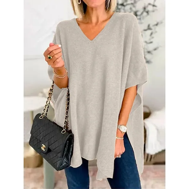 Women’s Pullover Sweater Jumper V Neck Ribbed Knit Split Oversized Fall Winter Regular Outdoor Daily Date Fashion Streetwear Daily Half Sleeve Solid Color Lake blue Flower coffee Mud yellow S M L d7b79d8d83c79a9ed359278e6fc71910