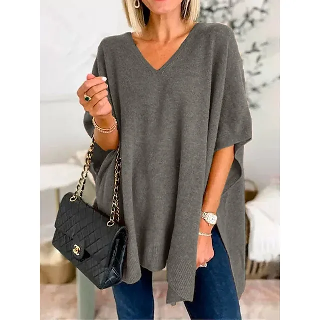 Women’s Pullover Sweater Jumper V Neck Ribbed Knit Split Oversized Fall Winter Regular Outdoor Daily Date Fashion Streetwear Daily Half Sleeve Solid Color Lake blue Flower coffee Mud yellow S M L e2f1ff01dd42041f2d7fc9db9b0f03e3