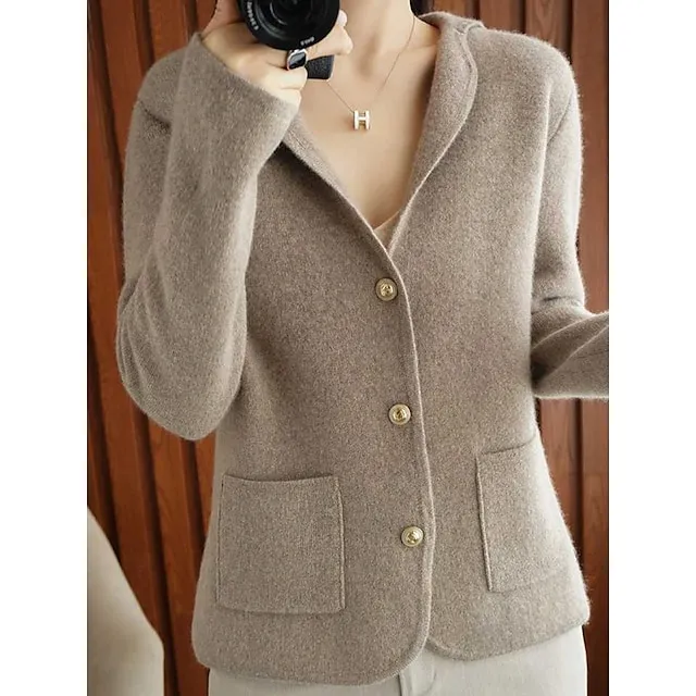 Women’s Cardigan Shirt Collar Ribbed Knit Polyester Button Pocket Knitted Fall Winter Short Outdoor Daily Going out Stylish Casual Soft Long Sleeve Solid Color Purple Beige S M L 0f4f0c0407b401ff7fcd6941f62d38fd