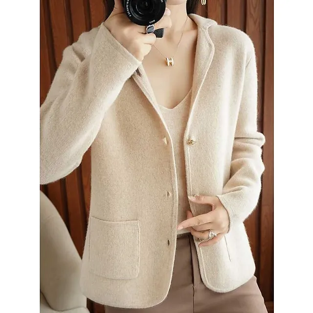 Women’s Cardigan Shirt Collar Ribbed Knit Polyester Button Pocket Knitted Fall Winter Short Outdoor Daily Going out Stylish Casual Soft Long Sleeve Solid Color Purple Beige S M L 13cbe199ff784ccdcd27c1b94565ace5