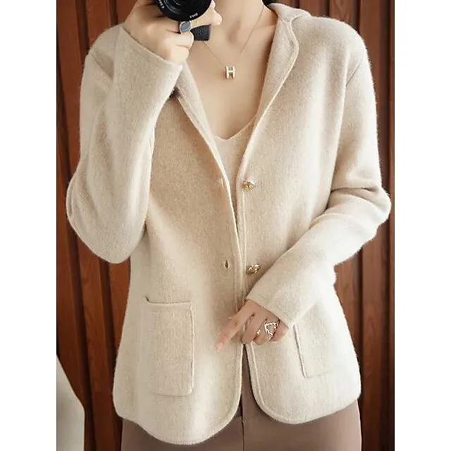 Women’s Cardigan Shirt Collar Ribbed Knit Polyester Button Pocket Knitted Fall Winter Short Outdoor Daily Going out Stylish Casual Soft Long Sleeve Solid Color Purple Beige S M L 30f422156403b194366dd29e41434eb4