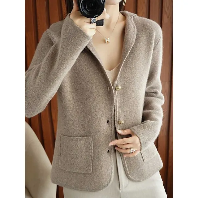 Women’s Cardigan Shirt Collar Ribbed Knit Polyester Button Pocket Knitted Fall Winter Short Outdoor Daily Going out Stylish Casual Soft Long Sleeve Solid Color Purple Beige S M L 565723f074d2404912b0412feb4d0ec3