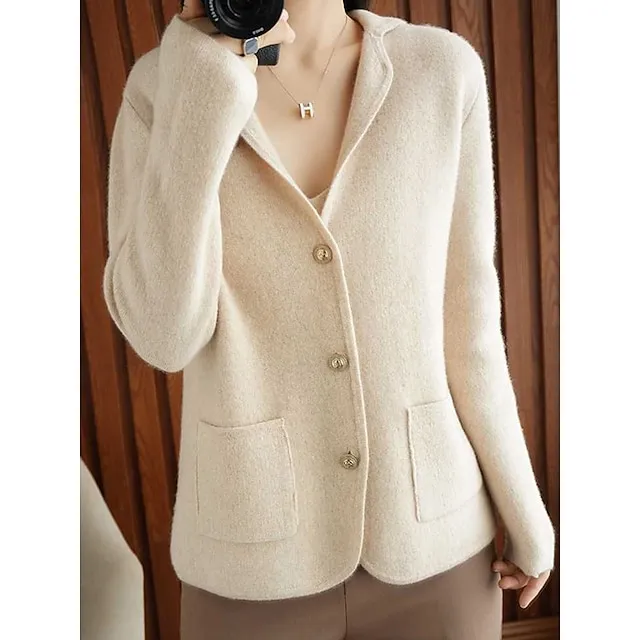 Women’s Cardigan Shirt Collar Ribbed Knit Polyester Button Pocket Knitted Fall Winter Short Outdoor Daily Going out Stylish Casual Soft Long Sleeve Solid Color Purple Beige S M L f87e9c1e3366854dd974e1b780d5bf26