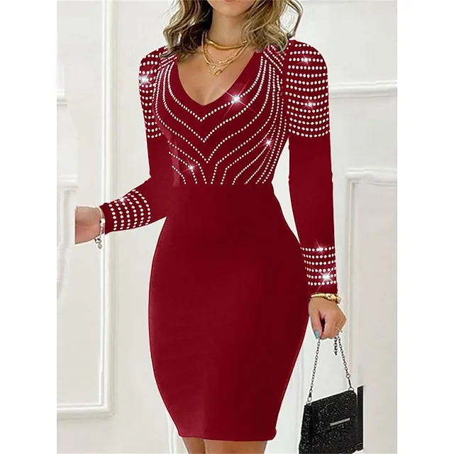 Women‘s Little Black Dress Sexy Dress Party Dress Dress Mini Dress Wine Blue Long Sleeve Glitter Spring Fall Winter V Neck Fashion Winter Dress Birthday X b34f363b3dbfb2c567739ad82042be28