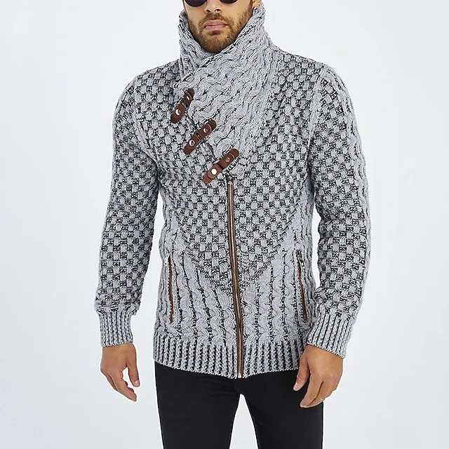 Men’s Cardigan Sweater Turtleneck Sweater Ribbed Knit Regular Side Pockets Cropped Plain Turtleneck Warm Ups Modern Contemporary Casual Daily Wear Clothing Apparel Fall Winter Gray S M L 80f55a2377bcc4374a2a9fec1137b8fc