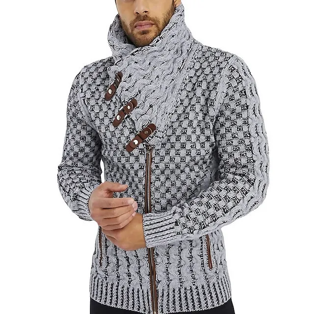 Men's Cardigan Sweater Turtleneck Sweater Ribbed Knit Regular Side Pockets Cropped Plain Turtleneck Warm Ups Modern Contemporary Casual Daily Wear Clothing Apparel Fall Winter Gray S M L