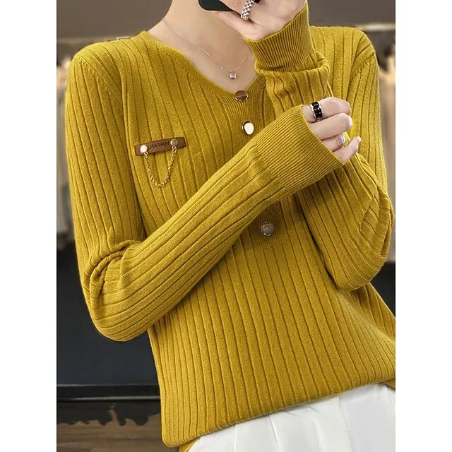 Women’s Pullover Sweater Jumper V Neck Ribbed Knit Polyester Button Fall Winter Regular Outdoor Daily Going out Stylish Casual Soft Long Sleeve Solid Color Black White Yellow S M L 0429265d871133e726d085a85e1db9cf