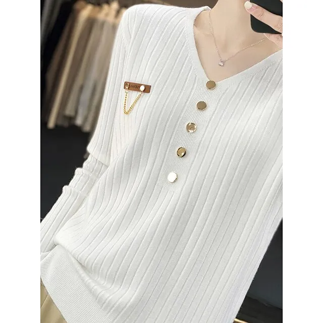 Women’s Pullover Sweater Jumper V Neck Ribbed Knit Polyester Button Fall Winter Regular Outdoor Daily Going out Stylish Casual Soft Long Sleeve Solid Color Black White Yellow S M L 15d2d29b4ede43bb0d8aff6bf08d4cd3