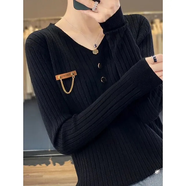 Women’s Pullover Sweater Jumper V Neck Ribbed Knit Polyester Button Fall Winter Regular Outdoor Daily Going out Stylish Casual Soft Long Sleeve Solid Color Black White Yellow S M L 18127288d57af2b63d903d58f9cb6589