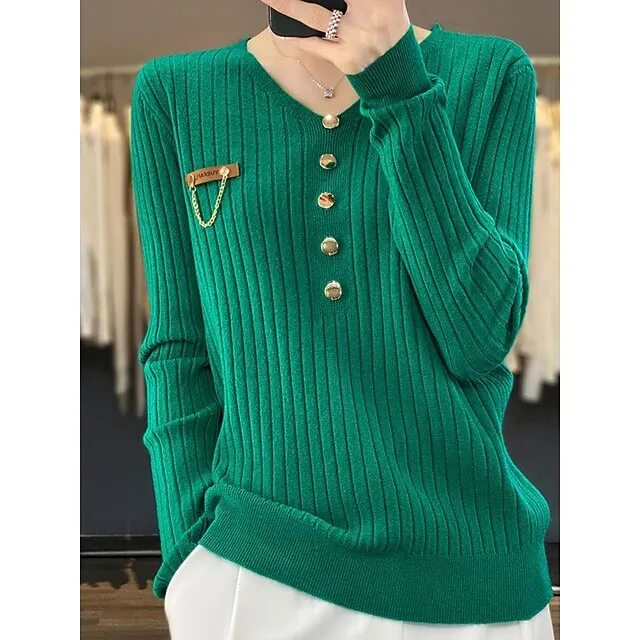 Women’s Pullover Sweater Jumper V Neck Ribbed Knit Polyester Button Fall Winter Regular Outdoor Daily Going out Stylish Casual Soft Long Sleeve Solid Color Black White Yellow S M L 189e6e7d4d852e6e5b92fb88d7ca71c6