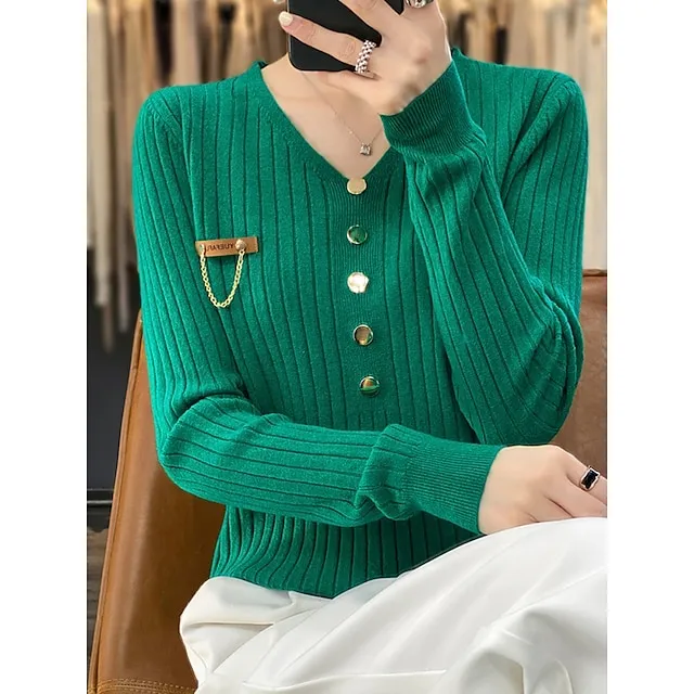 Women’s Pullover Sweater Jumper V Neck Ribbed Knit Polyester Button Fall Winter Regular Outdoor Daily Going out Stylish Casual Soft Long Sleeve Solid Color Black White Yellow S M L 1d181ccab24f5e5336e782ec2c5dbf7c