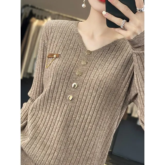 Women’s Pullover Sweater Jumper V Neck Ribbed Knit Polyester Button Fall Winter Regular Outdoor Daily Going out Stylish Casual Soft Long Sleeve Solid Color Black White Yellow S M L 3062d142d60f6f5fa1ee0916944ccf5f