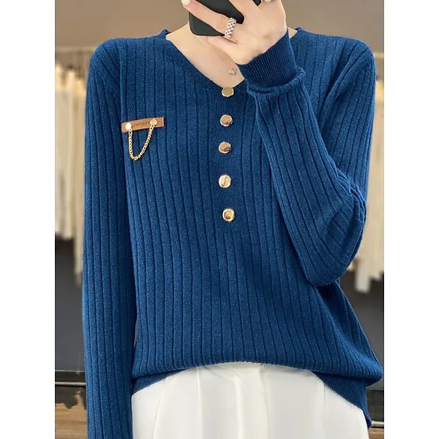 Women’s Pullover Sweater Jumper V Neck Ribbed Knit Polyester Button Fall Winter Regular Outdoor Daily Going out Stylish Casual Soft Long Sleeve Solid Color Black White Yellow S M L 338d52e074daf5e076a6c6cd2b7964c7
