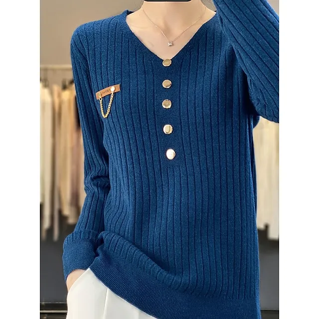 Women’s Pullover Sweater Jumper V Neck Ribbed Knit Polyester Button Fall Winter Regular Outdoor Daily Going out Stylish Casual Soft Long Sleeve Solid Color Black White Yellow S M L 3dc99fc1907bf47867309a02d8091204