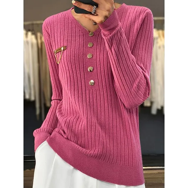 Women’s Pullover Sweater Jumper V Neck Ribbed Knit Polyester Button Fall Winter Regular Outdoor Daily Going out Stylish Casual Soft Long Sleeve Solid Color Black White Yellow S M L 7fa84556925fa8610f73b1d7a4accd6f