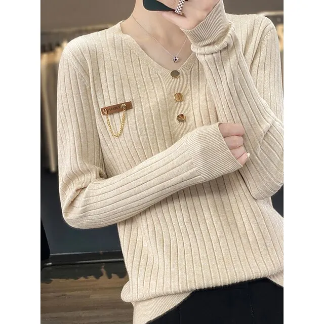 Women’s Pullover Sweater Jumper V Neck Ribbed Knit Polyester Button Fall Winter Regular Outdoor Daily Going out Stylish Casual Soft Long Sleeve Solid Color Black White Yellow S M L 86ce4288297bd563b057bde03a2e2fa9