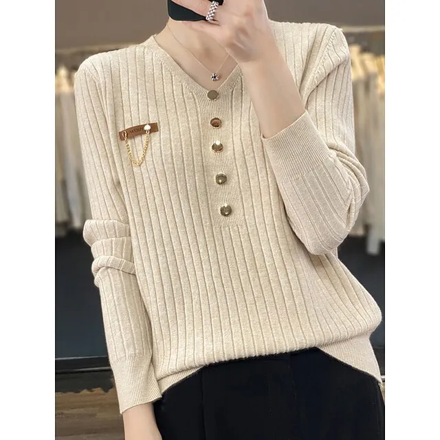 Women’s Pullover Sweater Jumper V Neck Ribbed Knit Polyester Button Fall Winter Regular Outdoor Daily Going out Stylish Casual Soft Long Sleeve Solid Color Black White Yellow S M L 9761b26d83c4f8866e034d6ffd958b0a