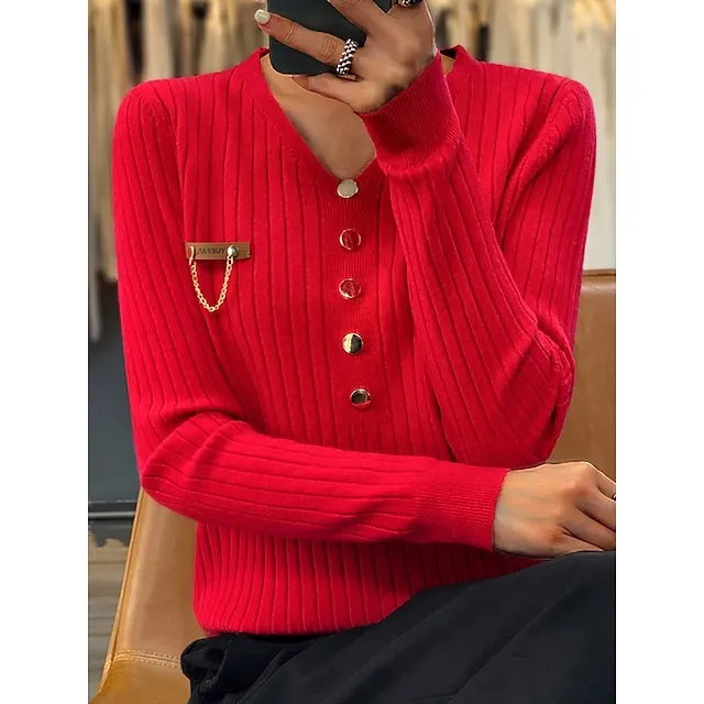 Women’s Pullover Sweater Jumper V Neck Ribbed Knit Polyester Button Fall Winter Regular Outdoor Daily Going out Stylish Casual Soft Long Sleeve Solid Color Black White Yellow S M L 977518dab0176715006216e4790bc3fe