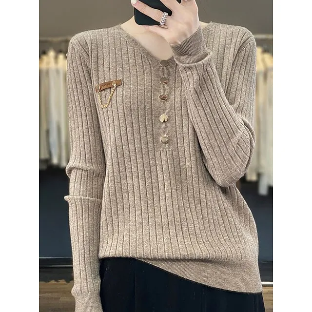 Women’s Pullover Sweater Jumper V Neck Ribbed Knit Polyester Button Fall Winter Regular Outdoor Daily Going out Stylish Casual Soft Long Sleeve Solid Color Black White Yellow S M L 9cb9338e0857d6013996ae1550eec0c7