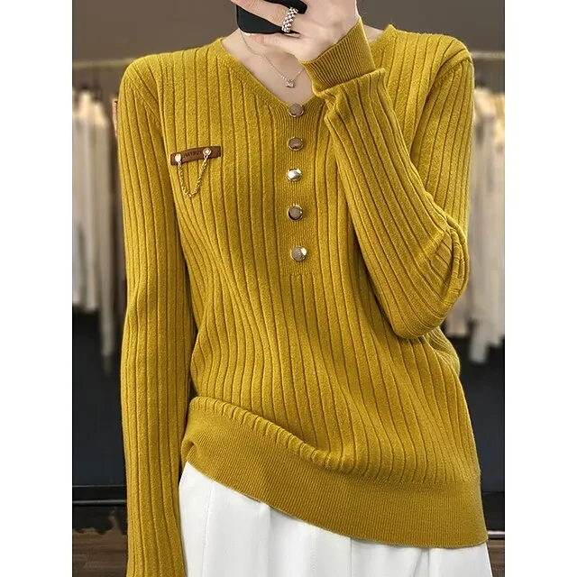 Women’s Pullover Sweater Jumper V Neck Ribbed Knit Polyester Button Fall Winter Regular Outdoor Daily Going out Stylish Casual Soft Long Sleeve Solid Color Black White Yellow S M L a7377c5c8c9fcdcf8b6b55c23ca0f136