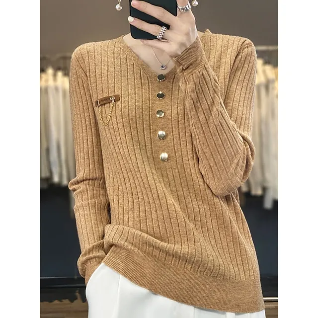 Women’s Pullover Sweater Jumper V Neck Ribbed Knit Polyester Button Fall Winter Regular Outdoor Daily Going out Stylish Casual Soft Long Sleeve Solid Color Black White Yellow S M L c5fd047ee2530be6bfd1eabf1c03723e