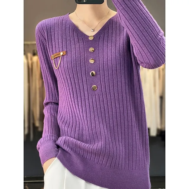 Women’s Pullover Sweater Jumper V Neck Ribbed Knit Polyester Button Fall Winter Regular Outdoor Daily Going out Stylish Casual Soft Long Sleeve Solid Color Black White Yellow S M L ceac93d7672e0c18aef4f35bac7dbed0