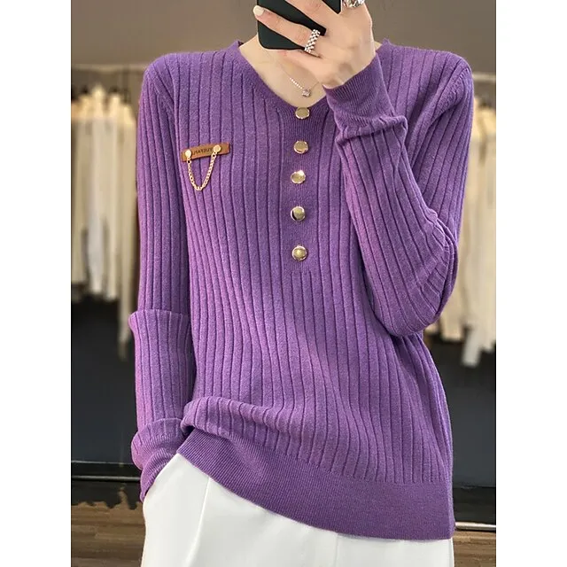 Women’s Pullover Sweater Jumper V Neck Ribbed Knit Polyester Button Fall Winter Regular Outdoor Daily Going out Stylish Casual Soft Long Sleeve Solid Color Black White Yellow S M L cf9320ca95d558cc2c2696ea5776eb23
