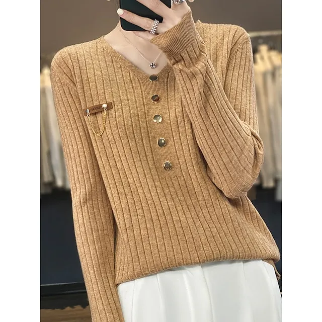 Women’s Pullover Sweater Jumper V Neck Ribbed Knit Polyester Button Fall Winter Regular Outdoor Daily Going out Stylish Casual Soft Long Sleeve Solid Color Black White Yellow S M L e123b7ceb6b238c8cafac30afc1b2130