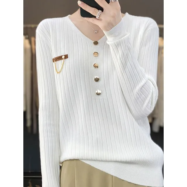 Women’s Pullover Sweater Jumper V Neck Ribbed Knit Polyester Button Fall Winter Regular Outdoor Daily Going out Stylish Casual Soft Long Sleeve Solid Color Black White Yellow S M L e734ab759fa7646a5e41715d0d755dc7